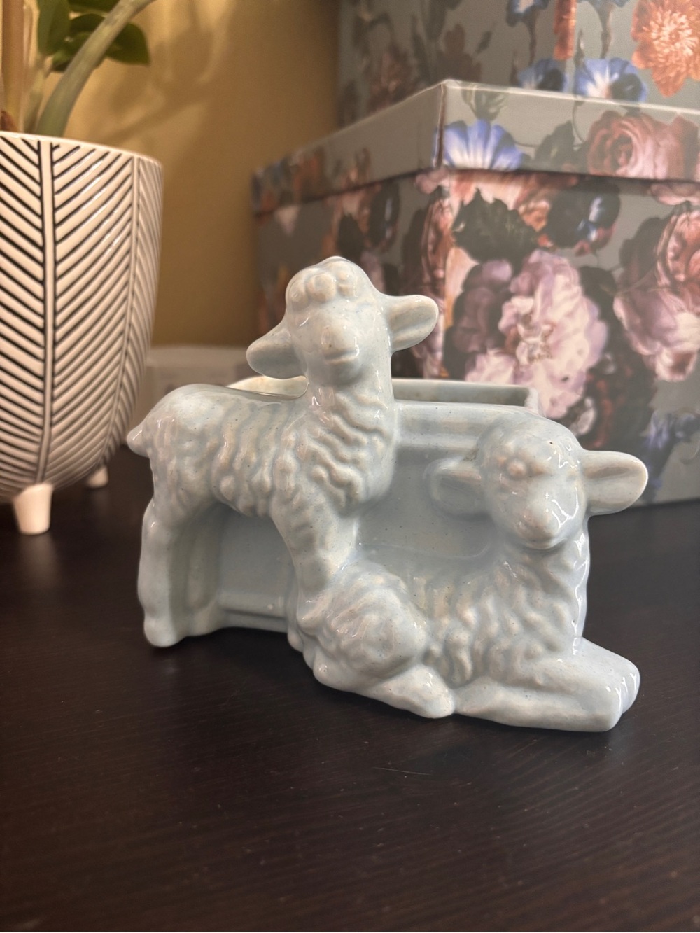 Ceramic Lamb Figurine Planter in Pale Blue